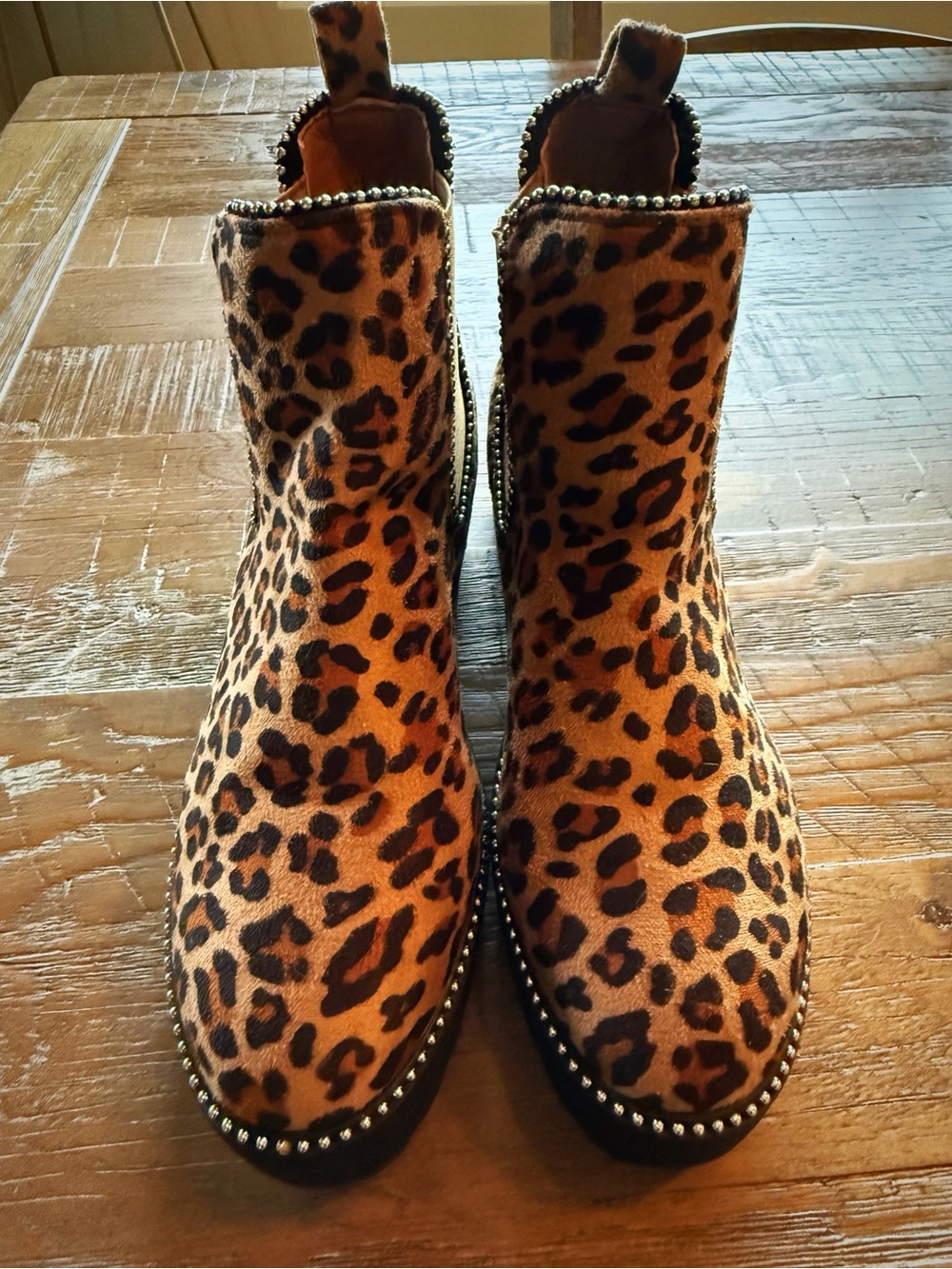 Leopard Print Chelsea Ankle Boots with Studded Trim - Brown - Picture 3 of 5